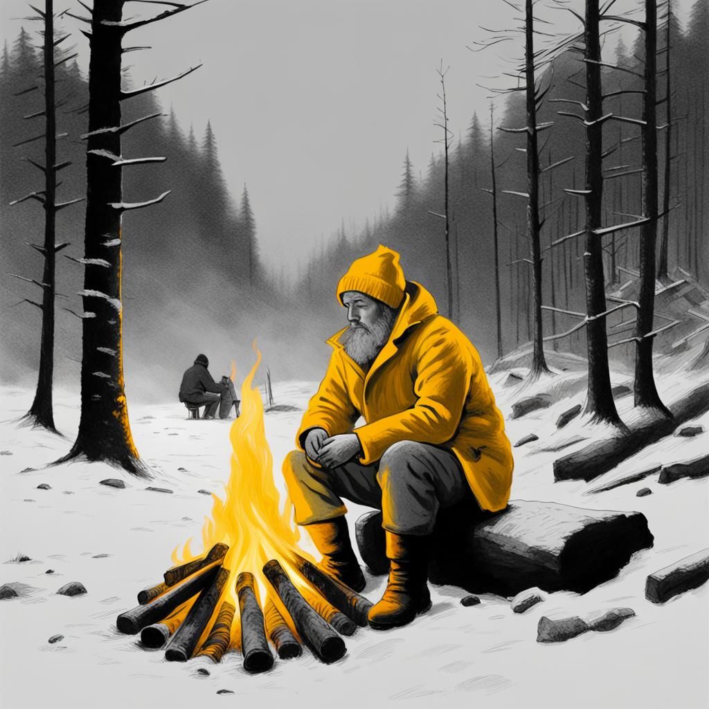Golden Campfire in Winter Forest: Selective Color