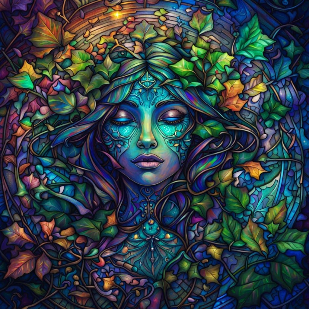 Holographic Stained Glass Ivy in Cosmic Illustration