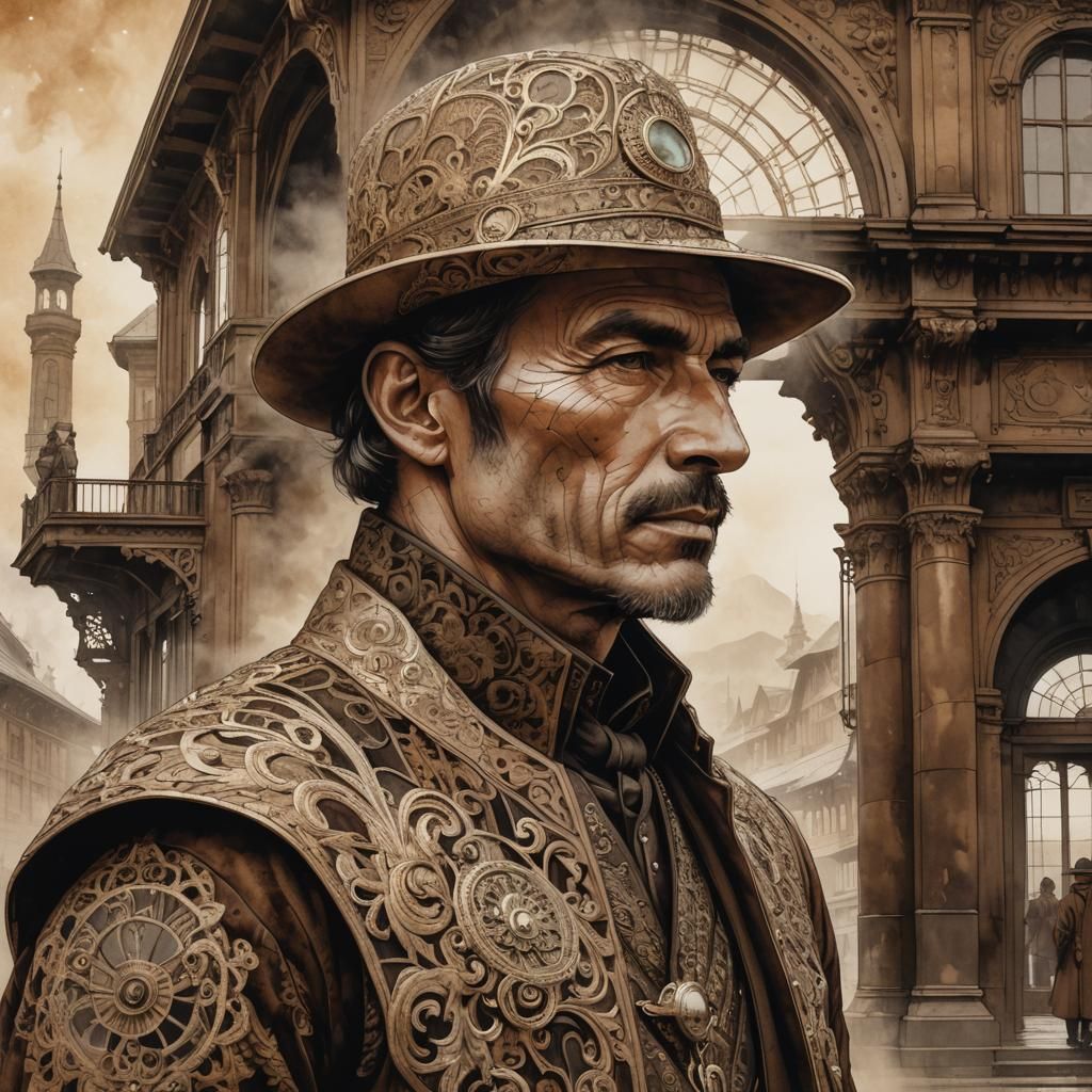 Ornate Portrait in Moebius Style with Sepia Tones