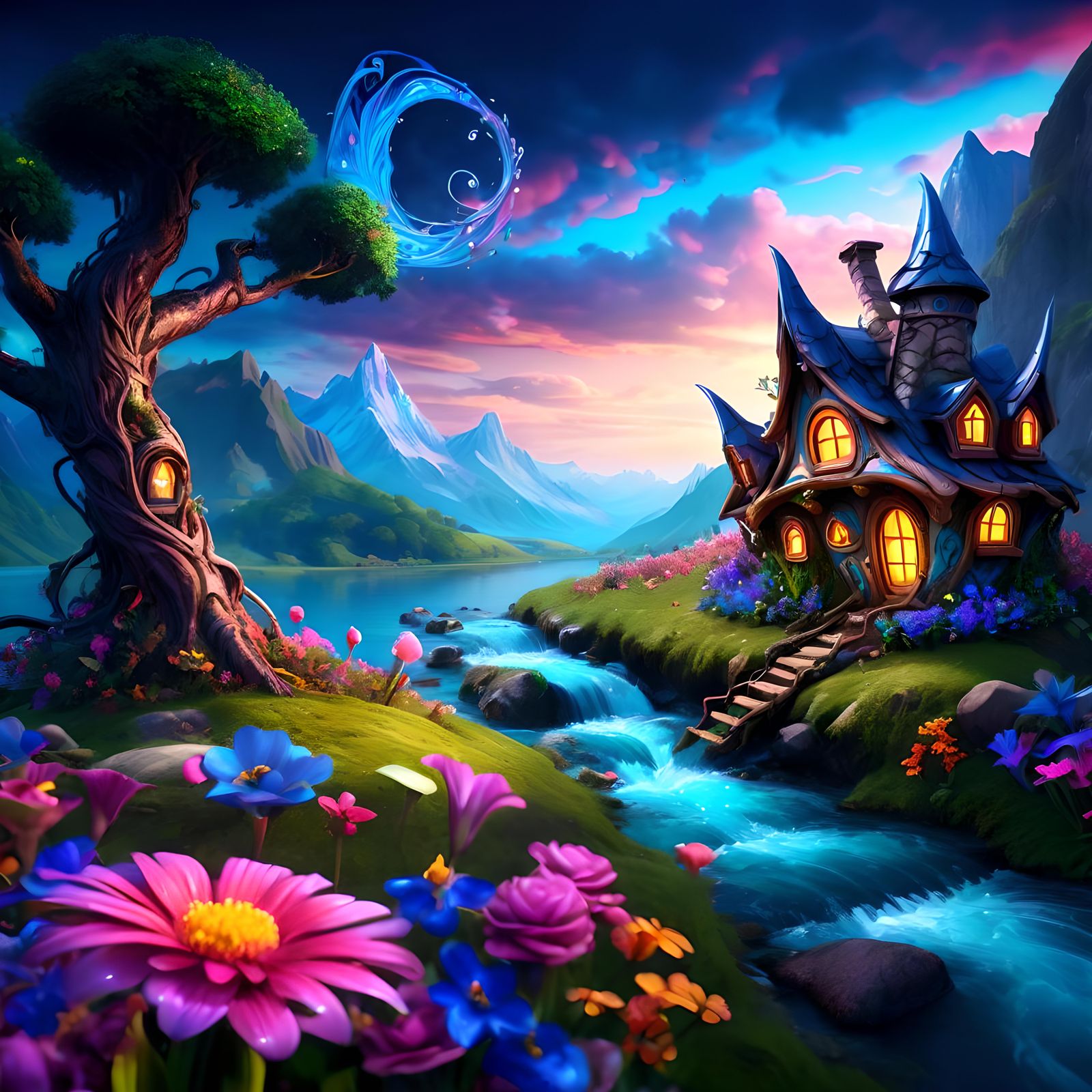 Hyperdetailed hyperdetailed Fantasy fairy house, river, flow...