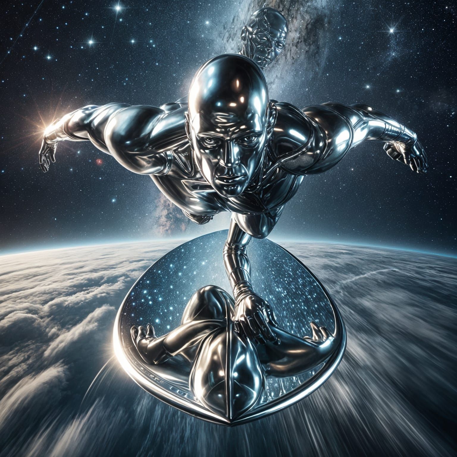 Cosmic Surfer in Metallic Sheen Soars Through Space