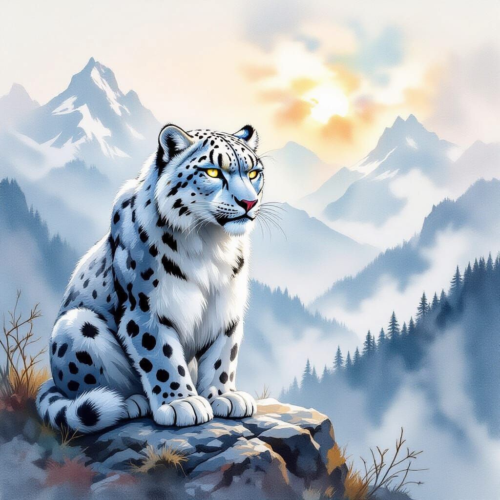 Grumpy Snow Leopard Statue in Misty Mountains