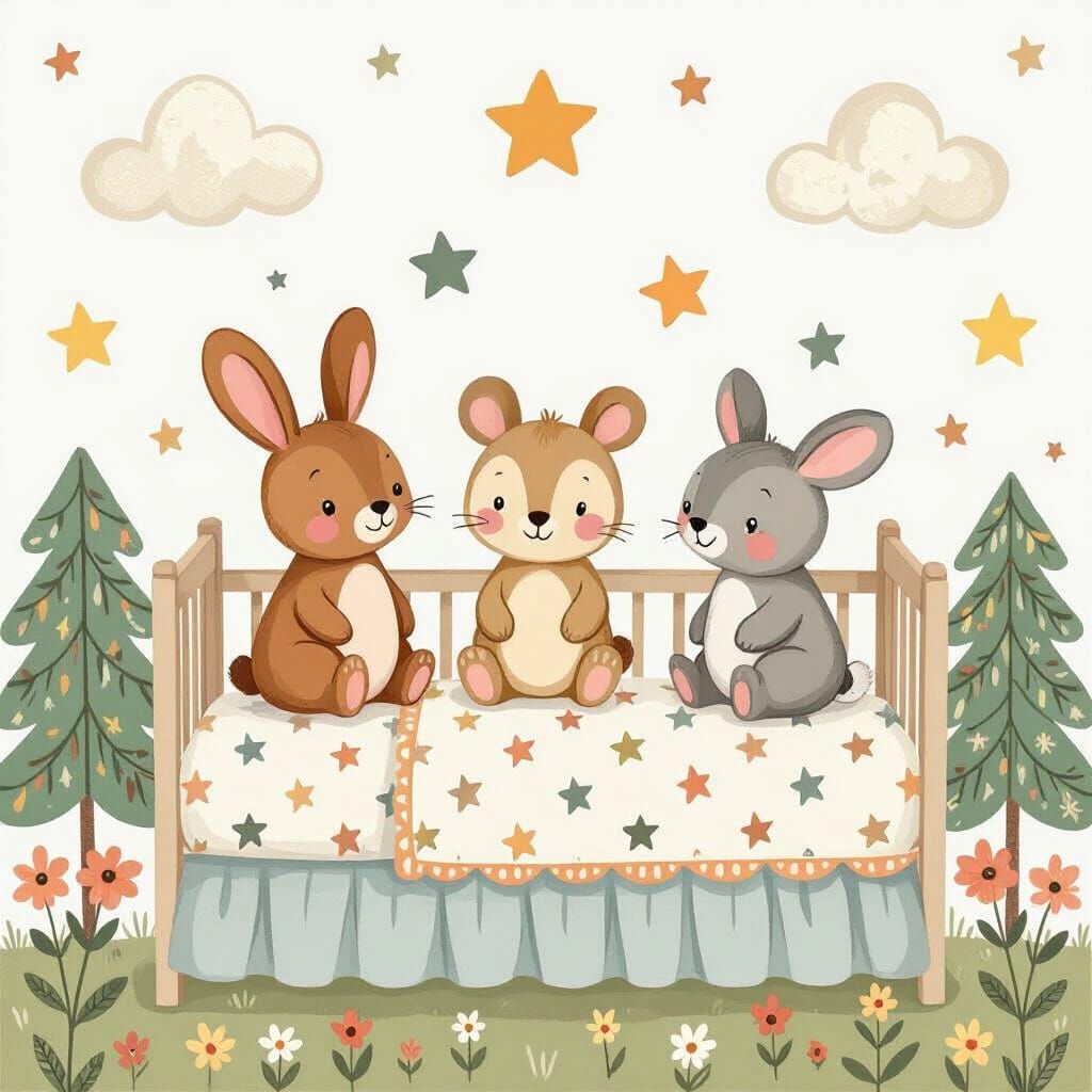 Cartoon Forest Animals Crib Bedding in Pastel Colors