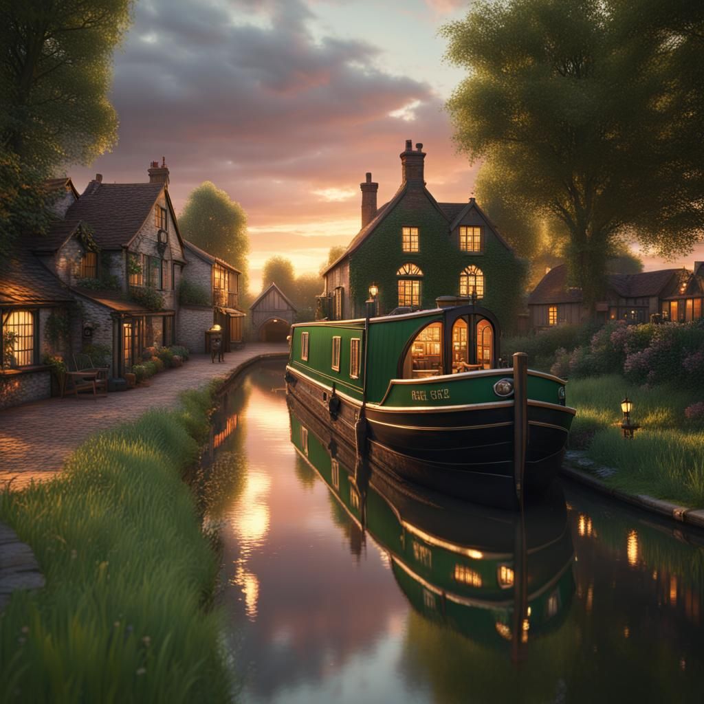 English Canal: Green Barge, Pub, and Sunset
