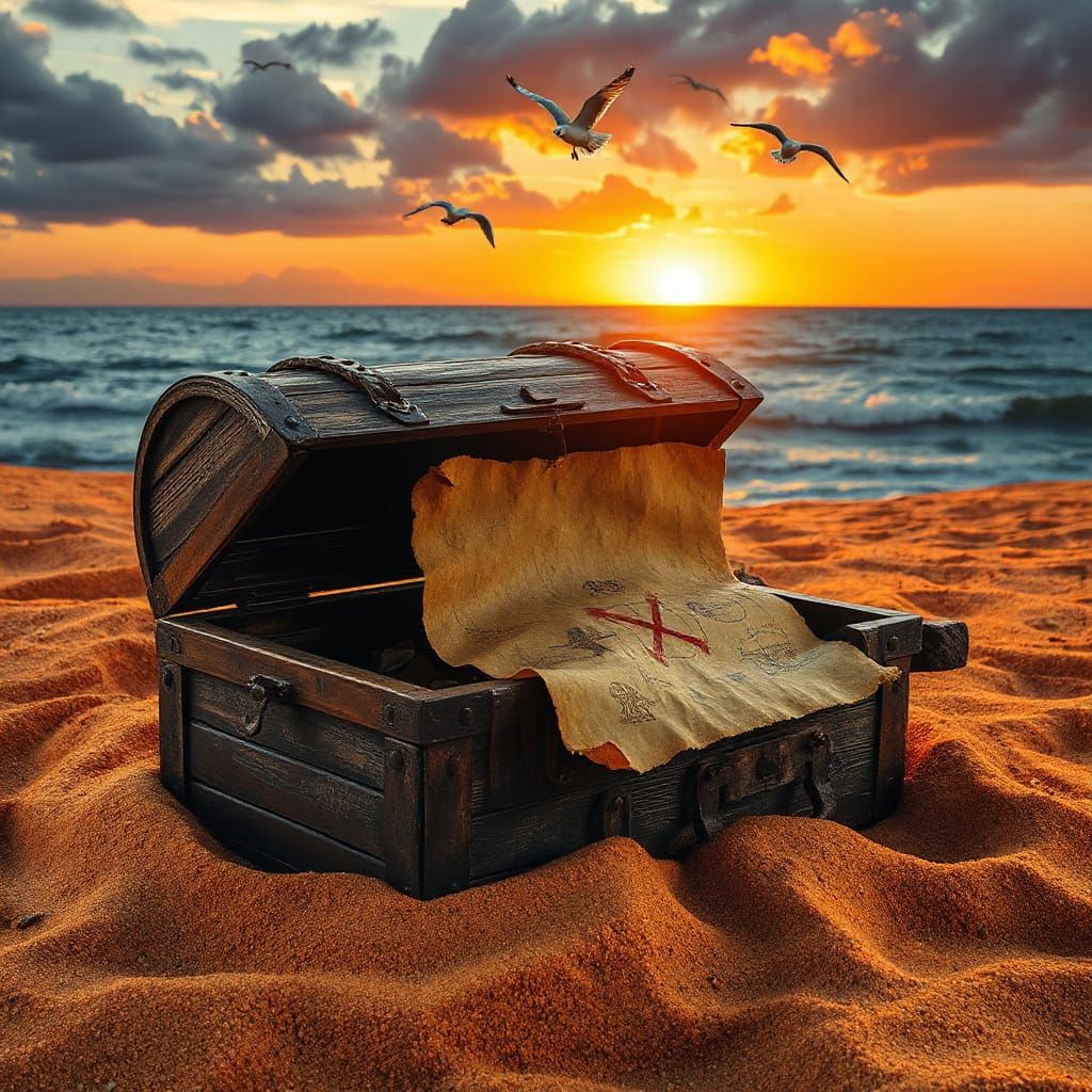 Pirate Treasure Chest Map Under Sunset Sky