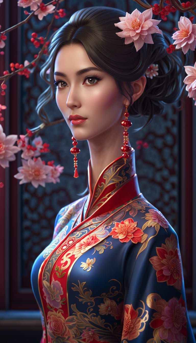 Anime Girl in Cheongsam: 8K Resolution Portrait