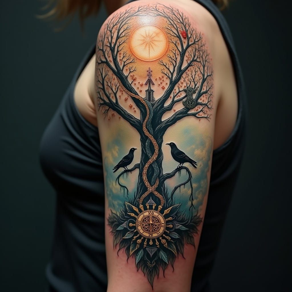 Ethereal Norse Mythology Arm Tattoo with Yggdrasil and Celes...