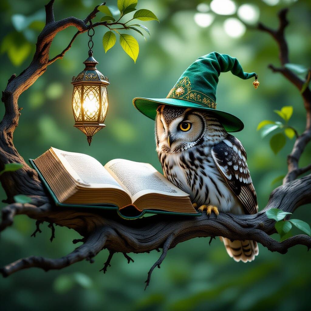 Photorealistic Owl Reads Magical Book on Gnarled Branch