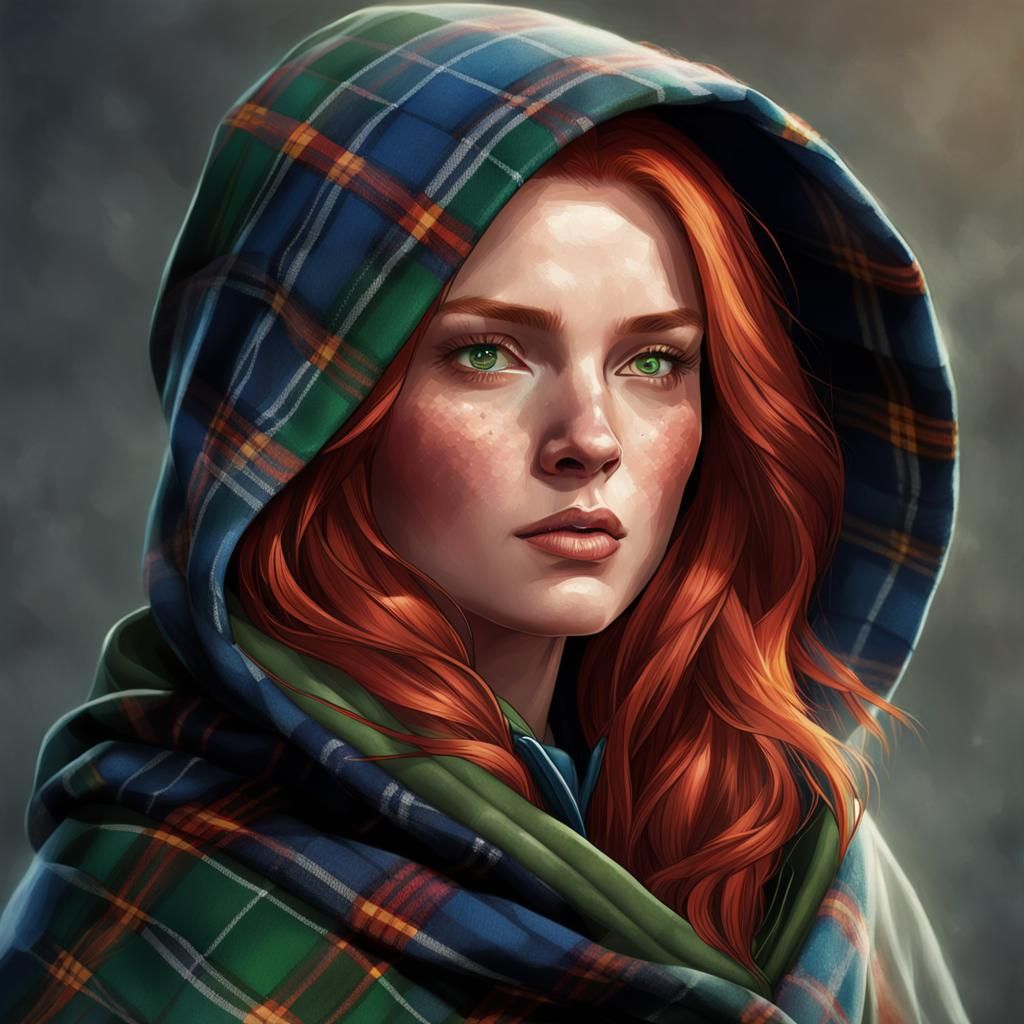 Red-Haired Woman in Scottish Tartan Cloak Portrait