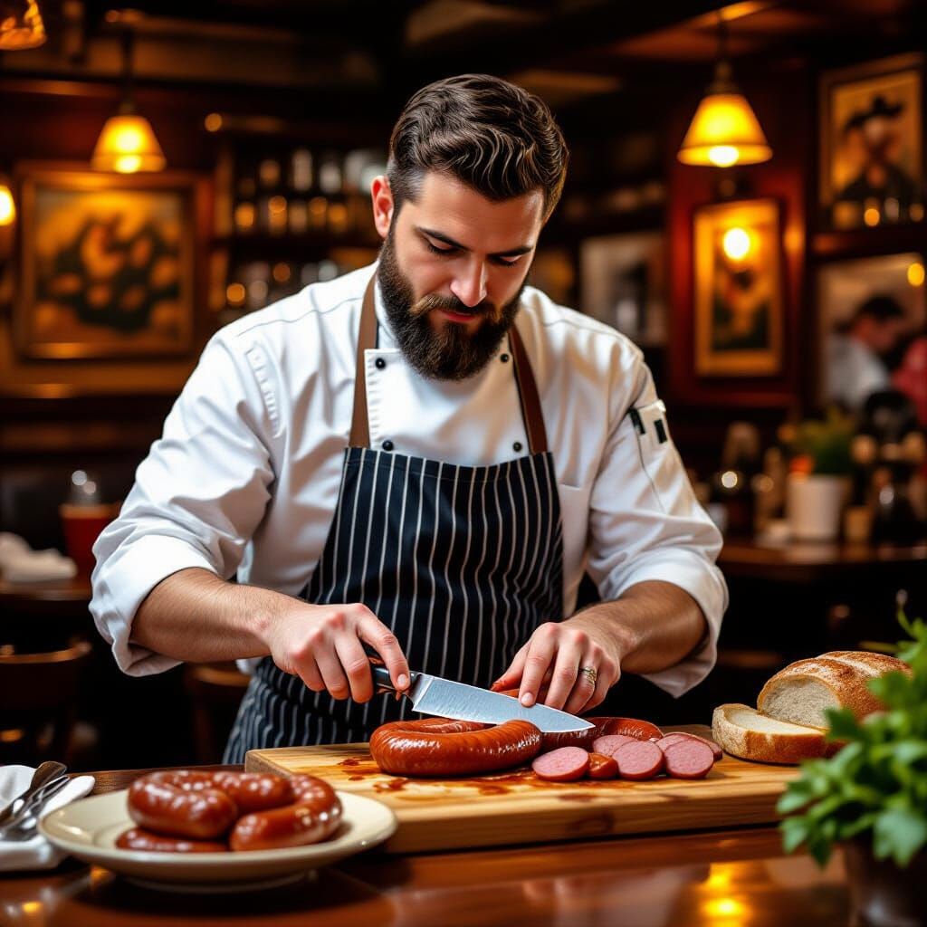 Chef Prepares Polish Sausages in Warm Impressionist Tavern