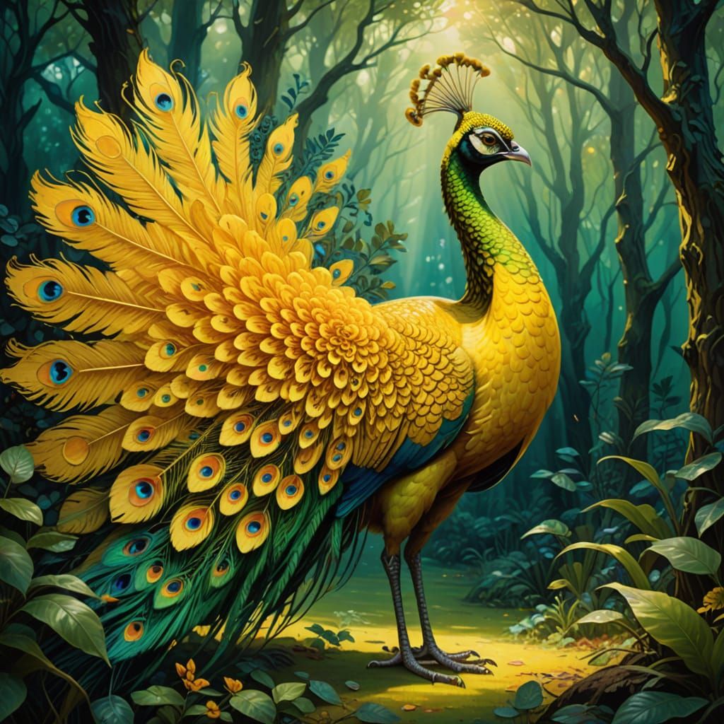 Surrealist Oil Painting of a Majestic Yellow Peacock in a Wh...