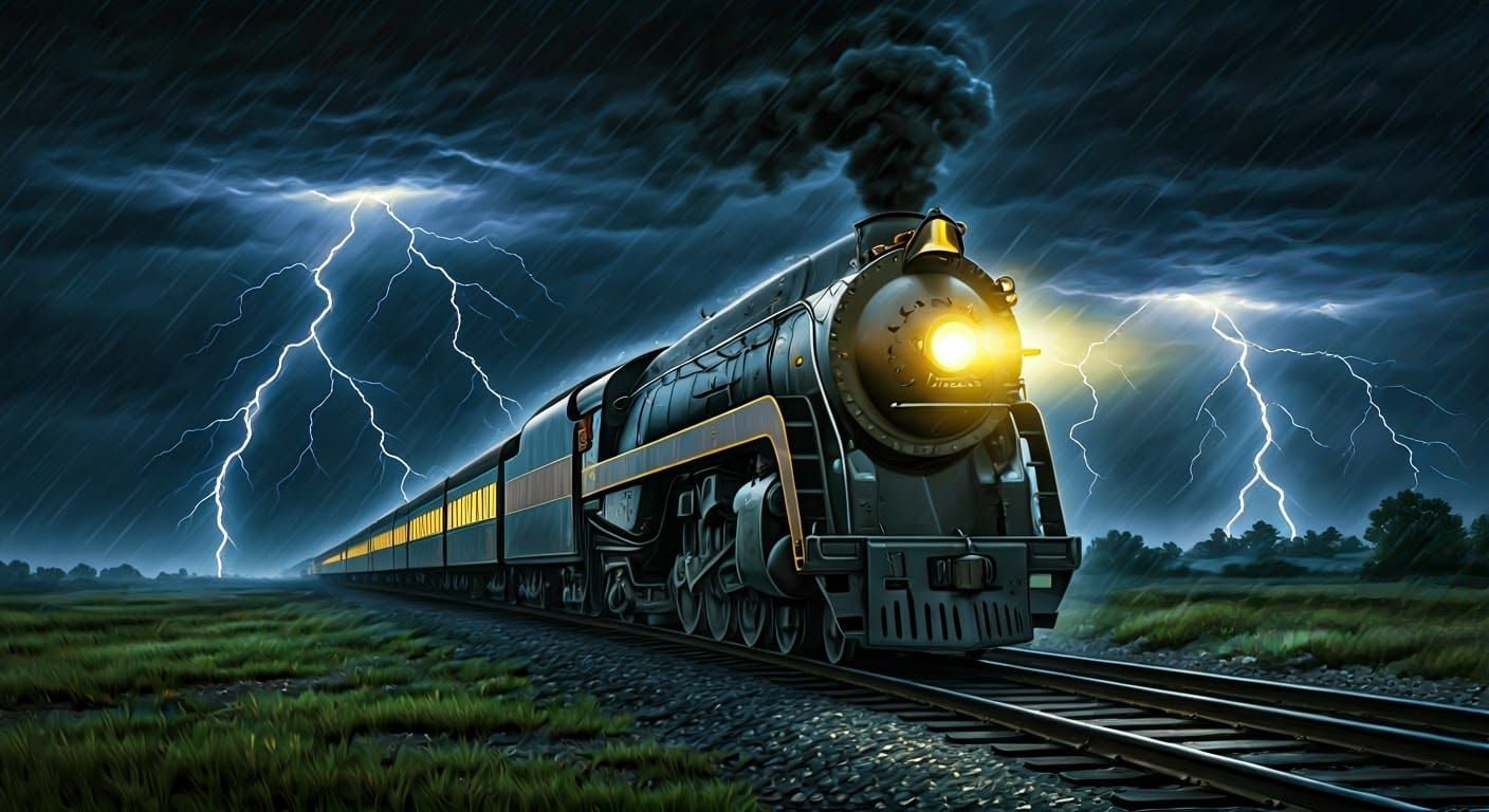Vintage Train Stormy Night Oil Painting