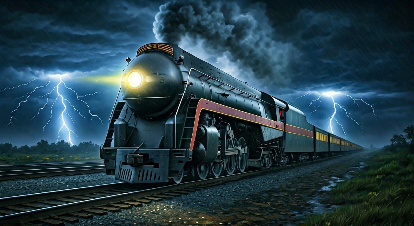 Vintage Train Speeds Through Stormy Night, Oil Painting