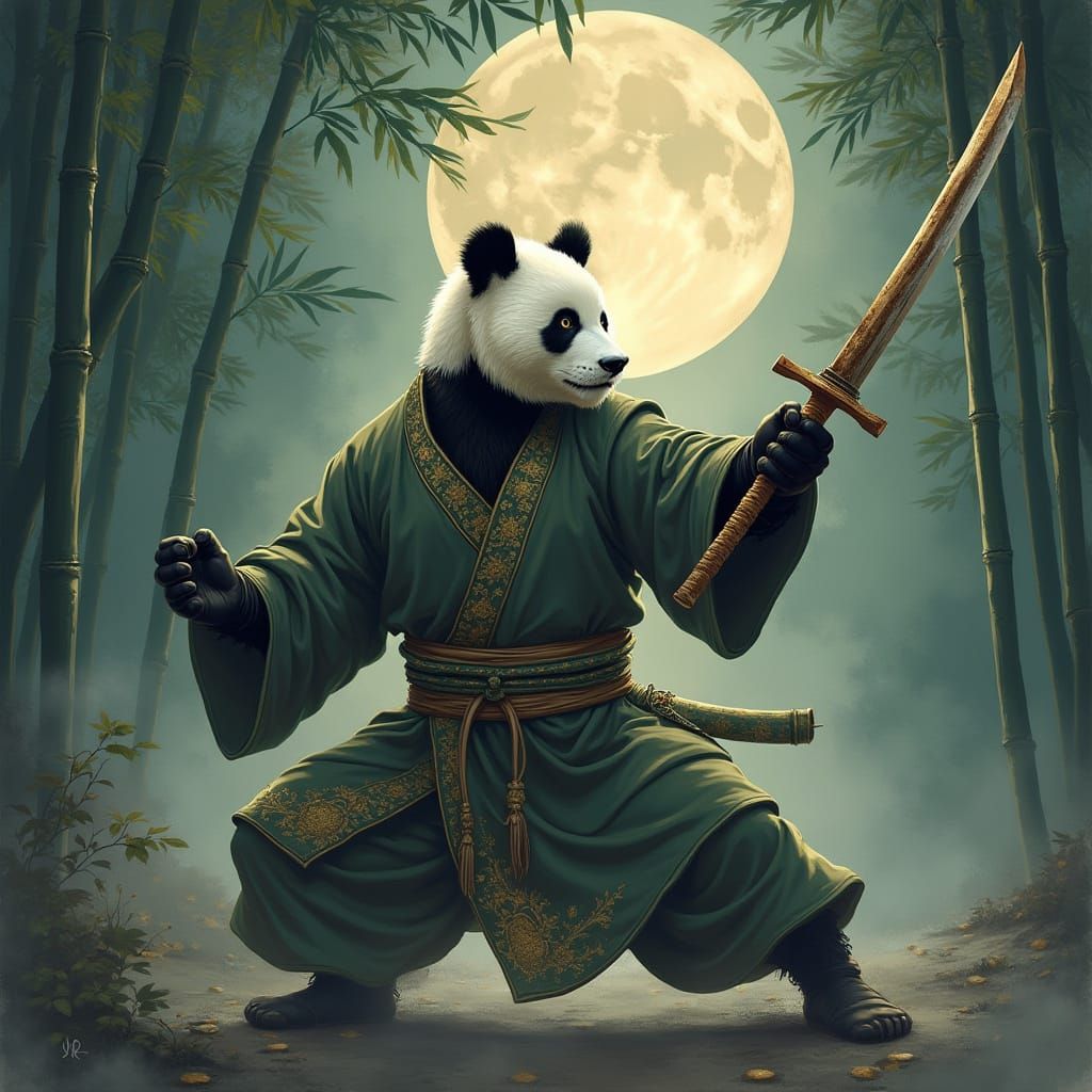 A Panda in Elegant Kung Fu Stance Amidst Moonlit Bamboo Fore...