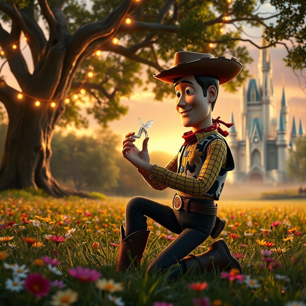 Cowboy Woody Searches for Cinderella in a Whimsical Meadow