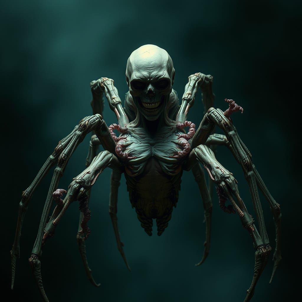 Grotesque Humanoid with Spider-Like Flesh in Dark, Moody Env...