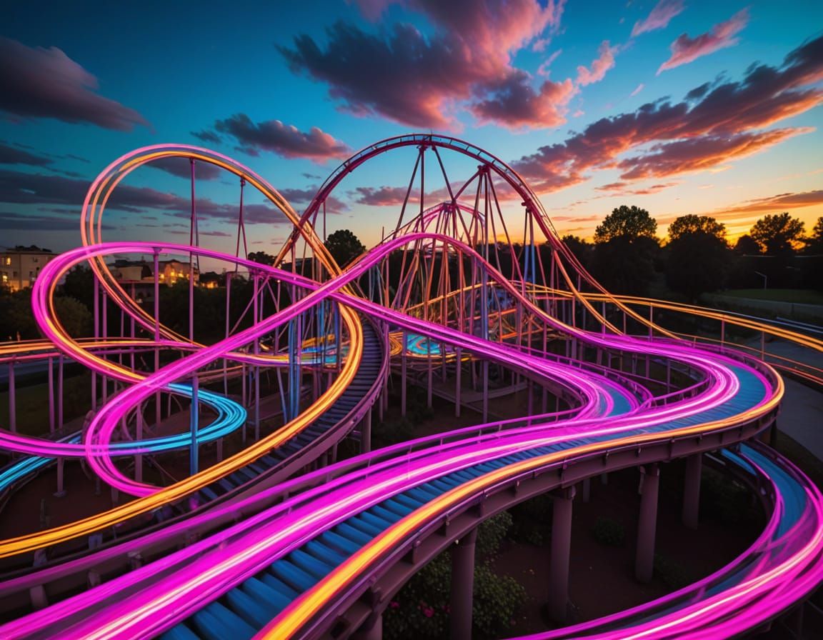 Vibrant Kaleidoscopic Roller Coaster in Whimsical Sunset Lan...
