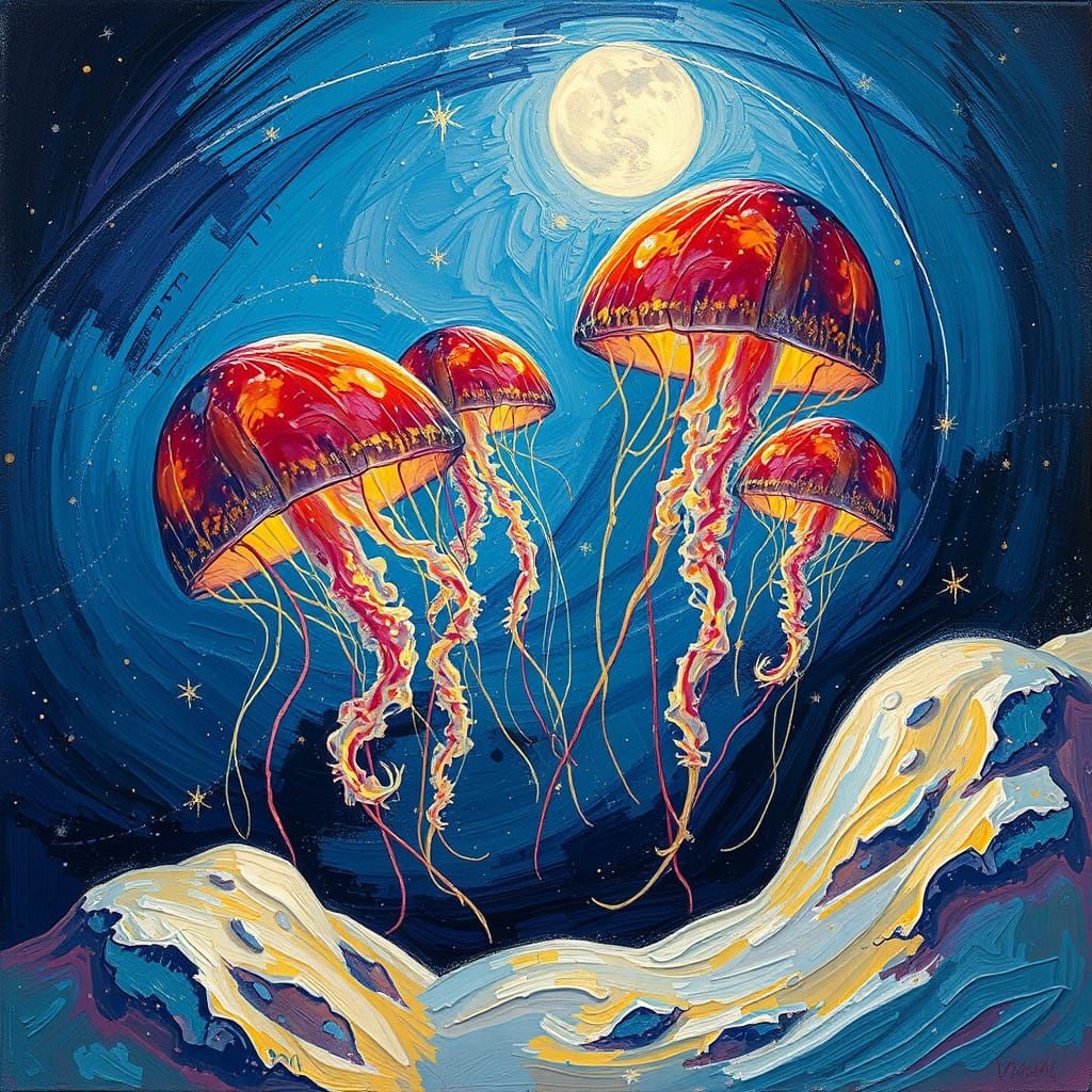 Whimsical Christmas Moon Scene with Dancing Jellyfish