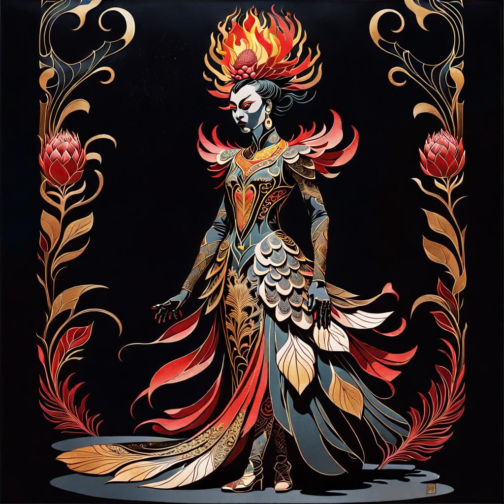 Dramatic Woman in Protea Flower Dress, Art Nouveau