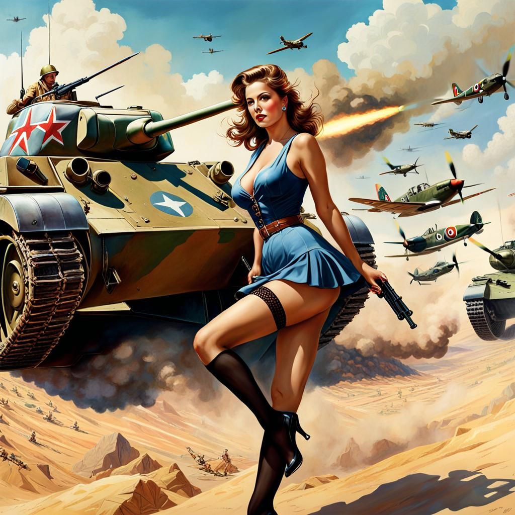 Battle in Desert with woman in stockings and heels
