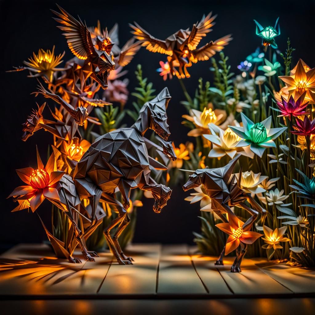 Luminous Origami Animals and Flowers Diorama