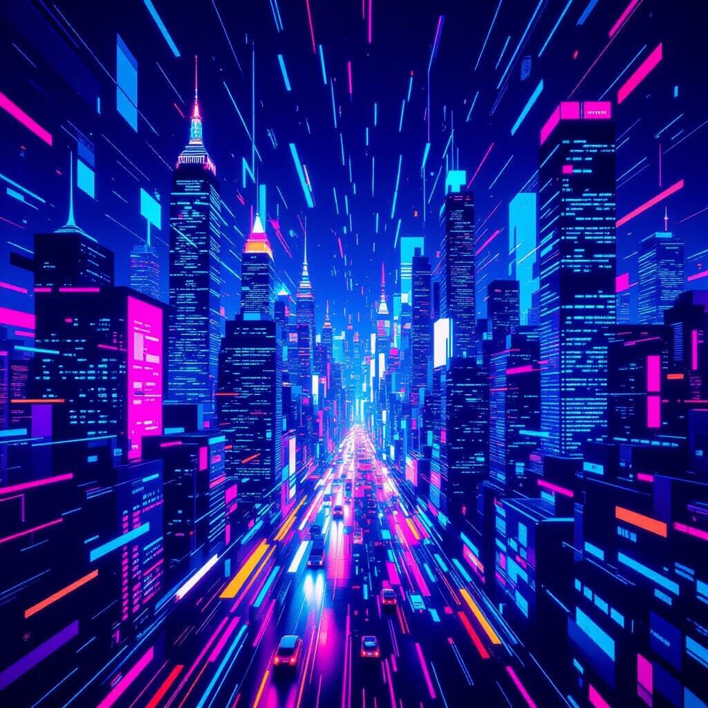 Abstract Midnight Cityscape with Neon Light Explosions