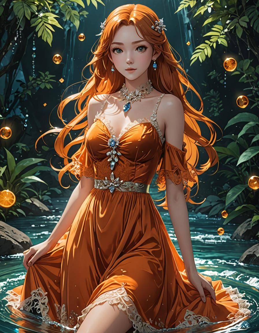 Orange Velvet Dress in Anime Style, Cel-Shaded