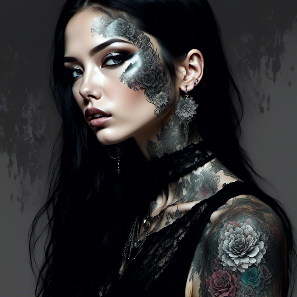 Woman with Floral Tattoos in Grunge-Poster Style