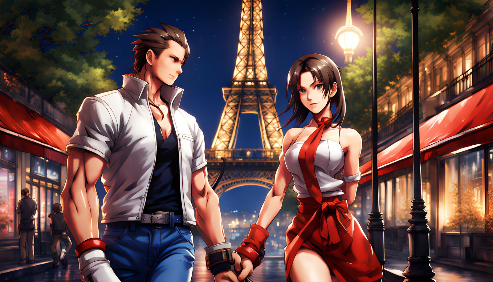 Mai Shiranui and Andy Bogard in Paris, Anime Art