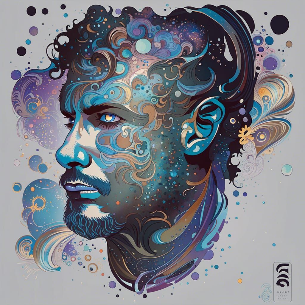 Man in NASA Shirt: Galactic Art Nouveau Portrait