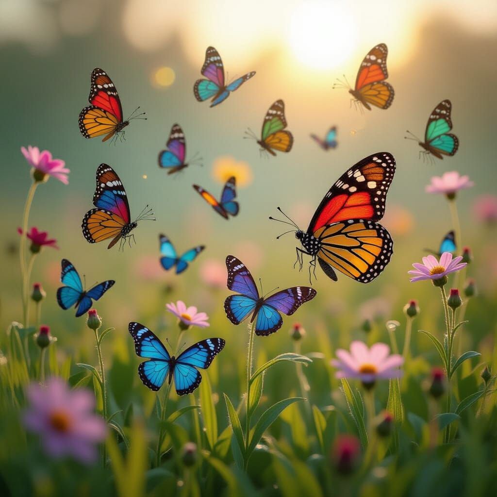Stained Glass Butterflies in Sun-Drenched Meadow, Graffiti A...