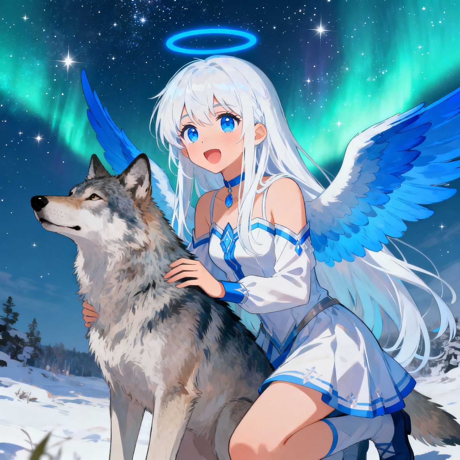 Anime Angel Protects Wolf Under Northern Lights