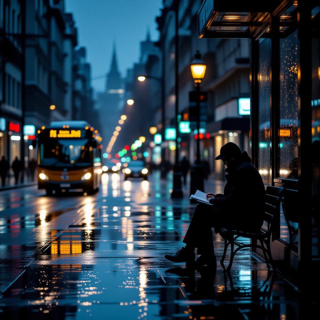 Neo-Noir Cityscape with Writer in Rain