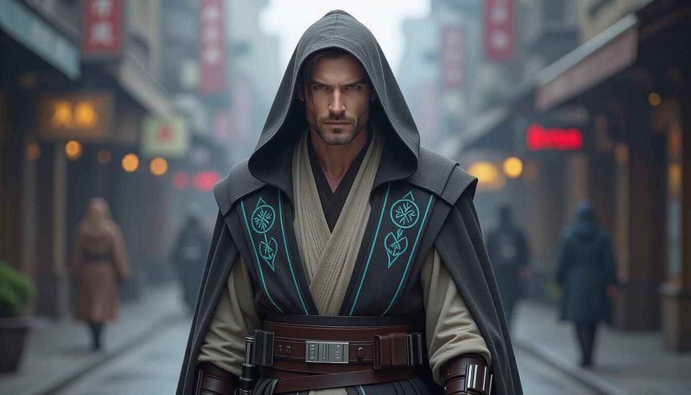 Grey Jedi Walks on Nar Shaddaa in Semi-Anime Dark Fantasy St...