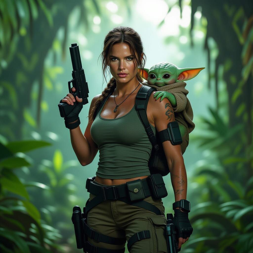 Lara Croft and Grogu in Jungle, Cinematic Style