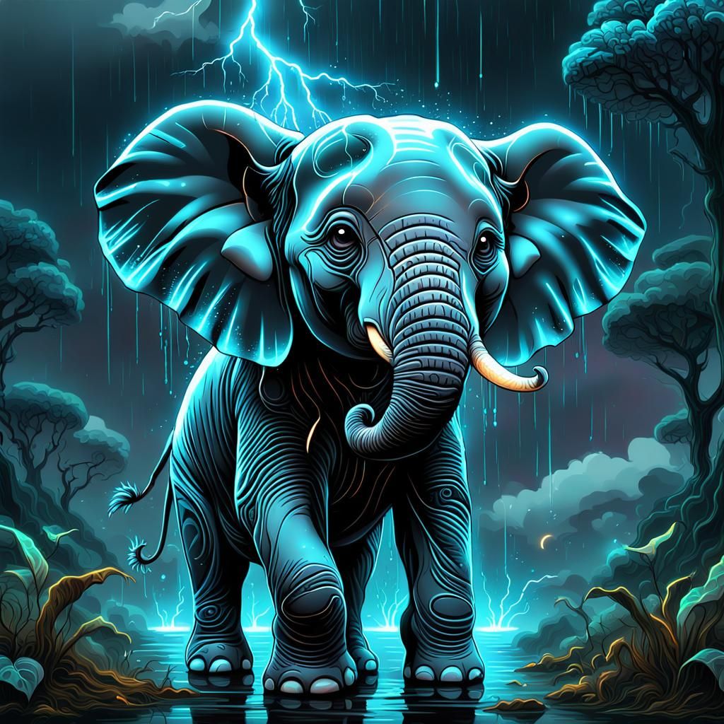 Bioluminescent Cute Baby elephant crying, looking for his mo...