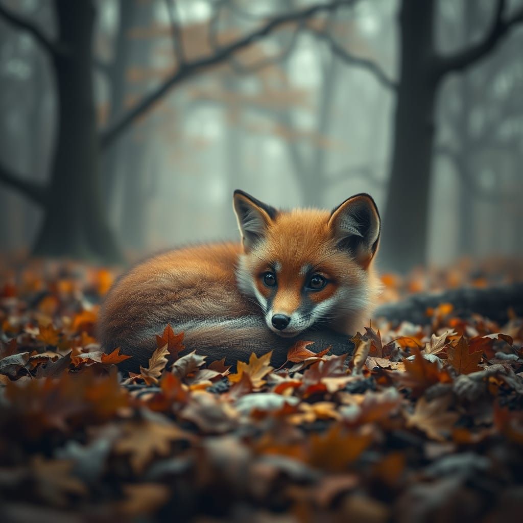 Fox Pup in Autumnal Forest, Digital Art