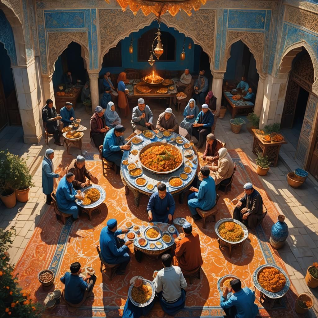 Tajik People Share Pilaw in Ornate Courtyard