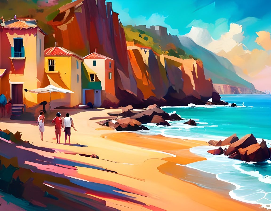 Mediterranean Beach Scene in Hyperrealistic Style