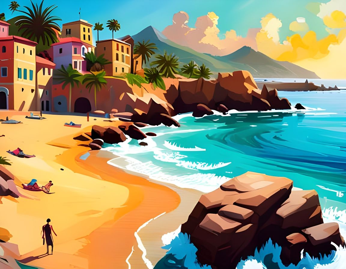 Mediterranean Beach Scene: Families Playing in the Sun