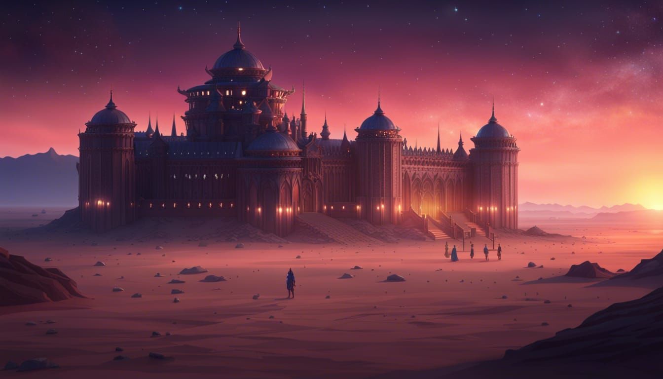 Anime Palace in Desert Under Starry Sunset