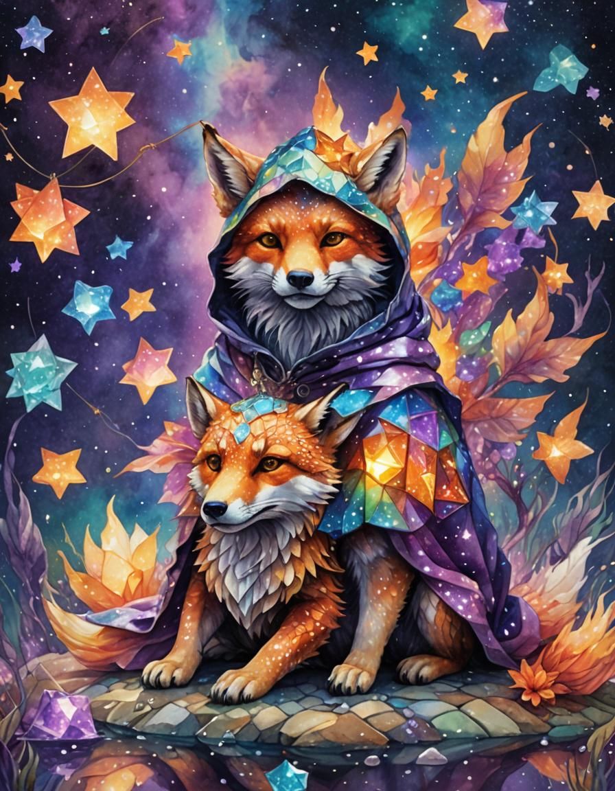 Crystalline Rainbow Fox Rides Cosmic Turtle