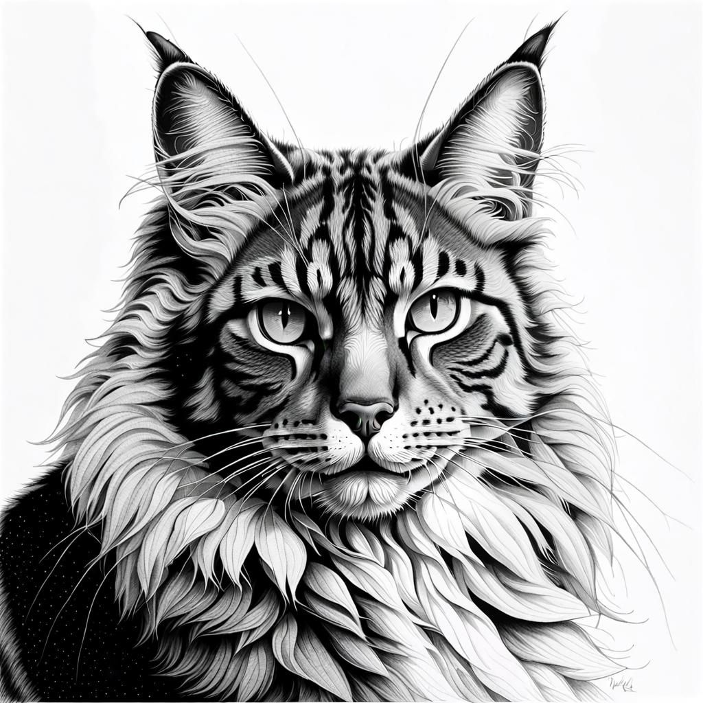 Majestic Maine Coon Cat in Stipple Art Portrait