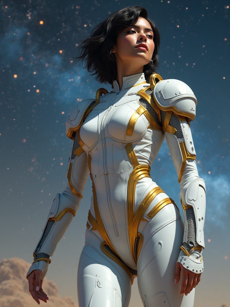 Futuristic Latin Woman in Gold Space Suit