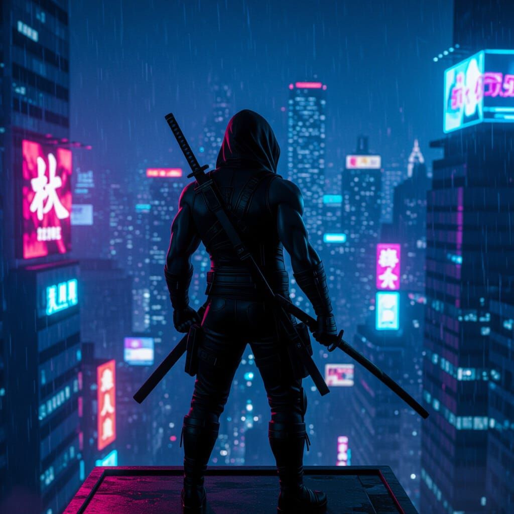 Cyberpunk Ronin Watches Over Neon Metropolis