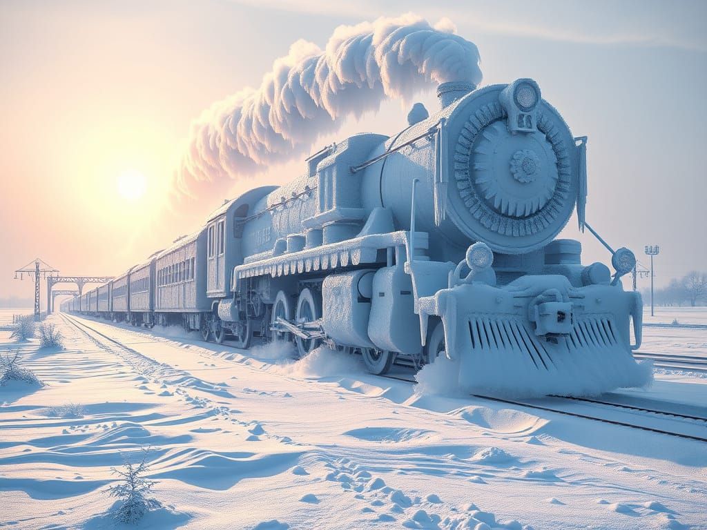 Frost Train Through Snowy Winter Landscape