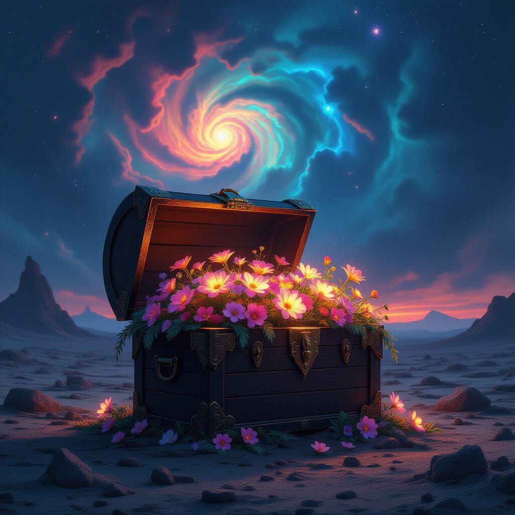 Ornate Treasure Chest Overflowing with Luminous Wildflowers ...