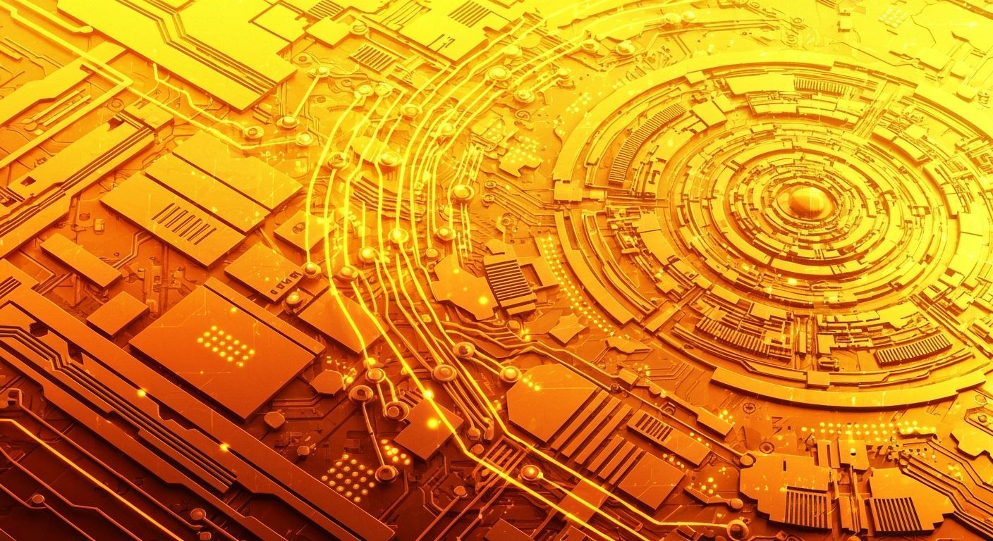 Futuristic Orange Circuit Board with Neon Cyberpunk Details