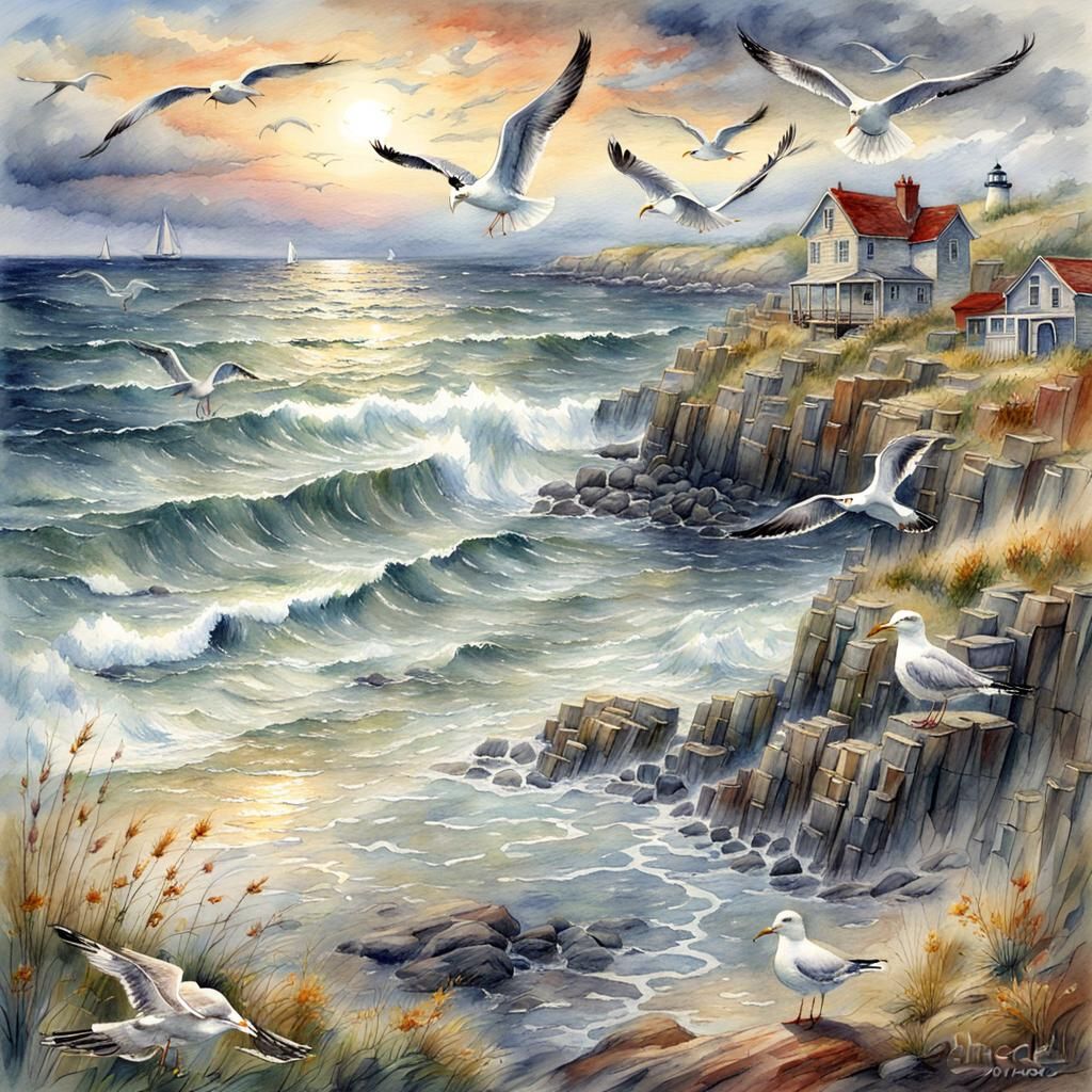 Seagulls on Coast in Watercolor Style