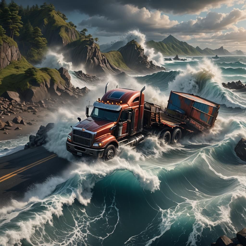 Semi Truck Confronts Tsunami in Detailed Matte Painting